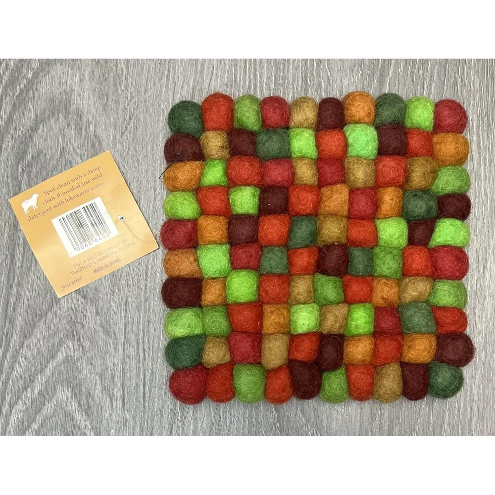 Trader Joe's Handcrafted Felted Wool Trivet Multicolor‎ Square Hot Pad Mat Decor